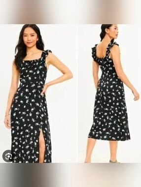 LOFT Black Floral Ruffle-Shoulder Midi Dress